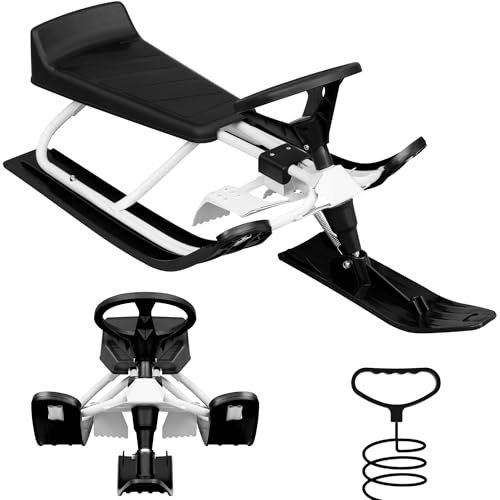 Laneetal Lenkschlitten für Kinder ab 5 Jahren, Schlitten mit Lenkrad Fußbremse Zugseil, Sitz mit Rückenlehne, Metallrahmen, 119x38x50,5 cm, Schwarz+Weiß