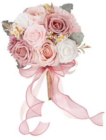 rockible Hochzeitsstrauß, Brautstrauß, Künstliche Rosen, Braut Hält Blumen, Künstliche Blumen für Abschlussfeier, Jahrestag, Rosa Weiß