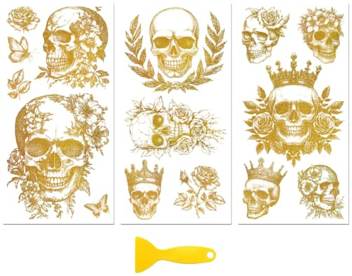 Peacoblue Aufkleber für Möbel 3Pcs Goldener Totenkopf und Blumen n 15cmx30cm, UV DTF Wasserdichter Japanischer Möbelfolie-Transfer für Kommoden, Glas, Porzellan, Holz, Kunststoff | 3er Set UV DTF Transfersticker 15x30cm, Wasserfeste Dekorfolie für Möbel, Schubladen, Holz, Glas und Keramik