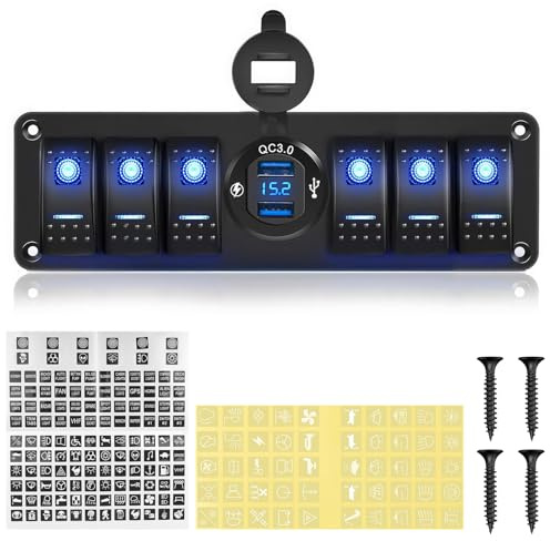 Chelhead 6 Gang Panneau de commutateur pour bateaux12V/24V avec USB QC3.0 | Commande 12V/24V pour accessoires, panneau étanche avec double chargeur USB Quick Charge 3.0 pour bateau, camping-car