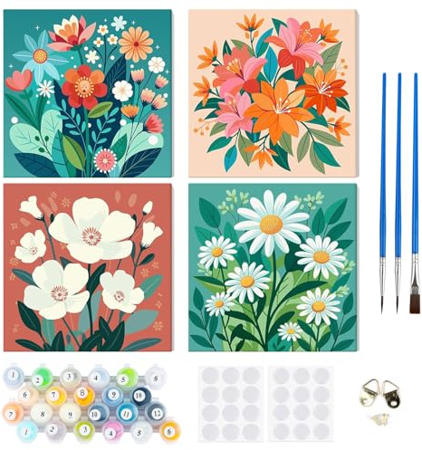 RICUVED 4 Pcs Pintar por Numeros Adultos Flores con Marco, DIY Paisajes Cuadros para Pintar por Números con Caballete de Madera, Pintura Acrilica Manualidades Adultos Decoracion 20x20cm