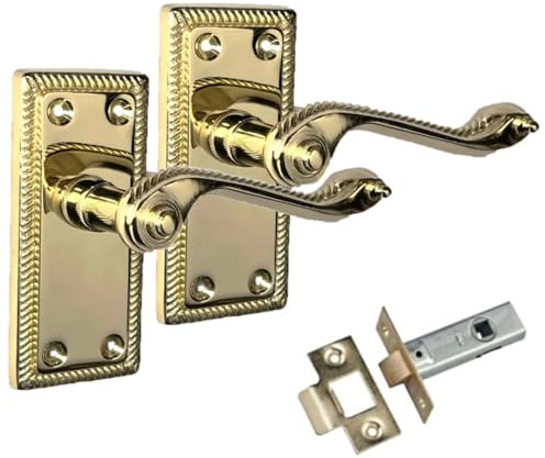 Epsom Door Handle Georgian Scroll Brass Door Handle Set – Internal Lever Handles with Backplate (108mm x 48mm) – Classic Polished Brass-Plated Finish – Pair with Tubular Latch