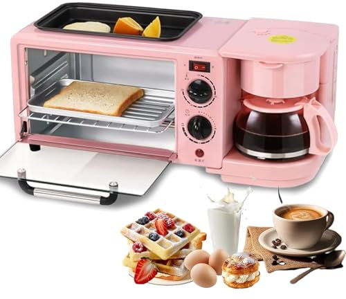 HEGGMKK Estación De Desayuno 3 En 1 (9 L), Tostadora con Sartén, Temporizador De 30 Min + Control De Temperatura, Cafetera De 600 Ml + Olla De 1,2 L, para Cocinas Pequeñas De Apartamentos,Pink
