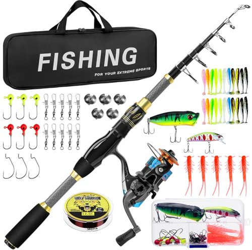 Ertisa Teleskop Angelrute und Spule Combo Kit, 2.1m Kohlefaser Angelrute mit Angelschnur, Angelruten Bausatz Angelköder-Set und Tragetasche, Angelzubehör für Salzwasser und Süßwasser, Angeln Geschenk