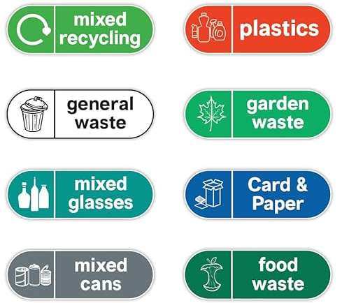 Pack of 8 General Waste Stickers for Bins Self Adhesive Recycling Stickers for Bins (150 x 50 mm) Recycling Labels