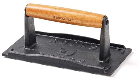 Presse à bacon de 20,3 x 10,2 cm, presse à gril en fonte robuste, presse à hamburger rectangulaire de 1,1 kg avec poignée en bois et bord surélevé, presse à griller de qualité alimentaire pour
