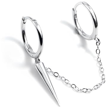 Dainty Spike Dangle Drop Huggie Earrings - 925 Sterling Silver Minimalist Cartilage Jewellery, Double Hole Hoops with Chain Tassel Threader Charm for Women & Girls 1Pcs