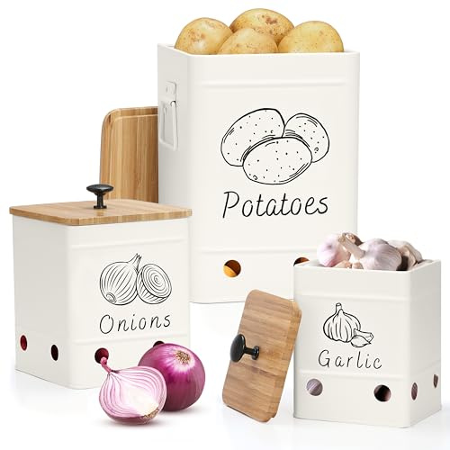 PERFNIQUE Kartoffel Aufbewahrungsbox 3er Set, Zwiebel Knoblauch Aufbewahrung - Zwiebeltopf Kartoffelbox Knoblauchtopf - Hält Gemüse Länger Frisch (Weiß)