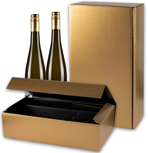 5x Flaschen Geschenkkarton - Geschenkverpackung für 2 Flaschen - gold - hochwertige Strukturprägung