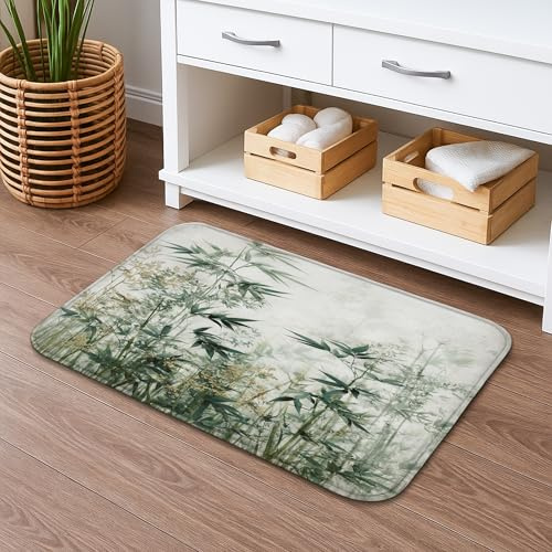 Tappetino da bagno con foglie botaniche ad asciugatura rapida, in bambù verde vintage, assorbente, antiscivolo, in memory foam, lavabile, per bagno, WC, decorativo, 50 x 81 cm