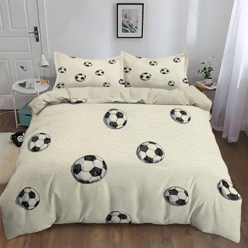 Double Duvet Cover Set, Ultra Soft Comfy Brushed Microfibre Beige Reversible Bedding Set, Minimalist Sport Football Line Art Print Quilt Covers 200 x 200 cm for Kids Teenage Boys Kids Bedroom