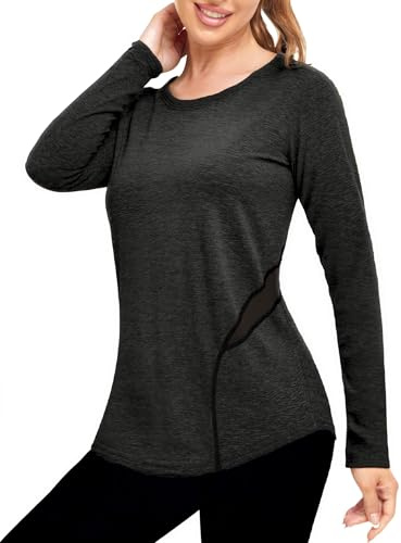 Wayleb Maglietta Sportiva Donna Manica Lunga Girocollo Top Fitness Traspirante Leggera con Inserti in Rete Allenamento Jogging, Nero M