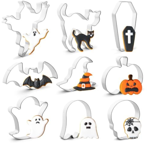 Celblisora Juego de cortadores de galletas de 9 piezas, acero inoxidable, metal, Halloween, formas de calabaza, fantasmas, murciélagos, gato negro, sombrero de bruja, calavera, ataúd
