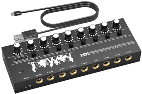 Folpus Mini-Audiomixer, Line-Mixer, kompakt, V, professionell, geräuscharm, Stereo/Mono, für Verstärker, Computer, Lautsprecher, Bass, Telefon, 8-kanal