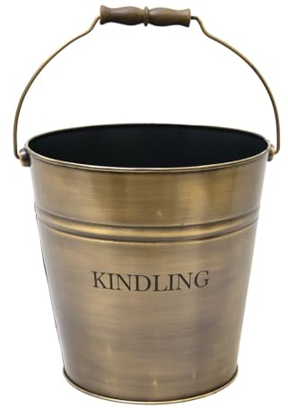 Vintage Style 17L Fireside Kindling Wood Storage Bucket (Brass) | Recycled Metal, Cast Iron, Carrying Handle, Wooden Finish Handle, Text Design, Brushed Finish, Fireside Storage