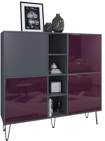 Vladon Highboard Havana V3, Kommode mit 4 Türen und 4 offene Fächer, Kommode Made in Germany, Anthrazit matt/Brombeer Hochglanz (130,5 x 124 x 35 cm)