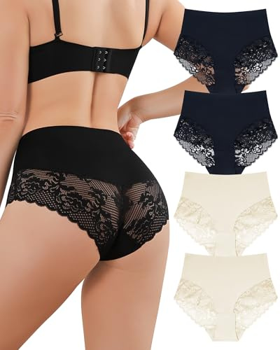 Aijolen Culotte sans Couture Femme Invisible Taille Haute Slip Dentelle | Respirant sous-Vêtements Féminins, Sexy Extensible Hipster Bikini, Lot de 4, S-XXL, Soft Underwear Women Dim Culottes