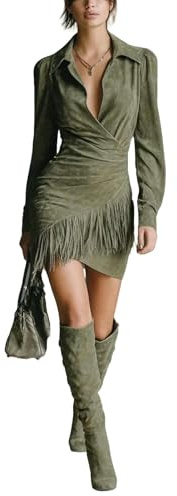 ZSLFCBD Abito Donna Invernale da con Frange retrò, Manica Lunga Sexy, Colletto Risvolto, Mini Vintage Cowgirl, Aderente Aderente-Verde Chiaro-m