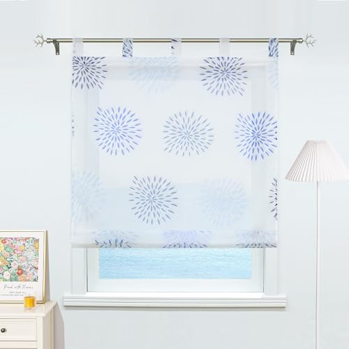 ESLIR Raffrollo mit Schlaufen Gardinen Küche Raffgardinen Transparent Schlaufenrollo Vorhänge Kreis-Motiven Modern Voile Blau BxH 100x140cm 1 Stück