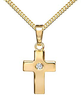 JEVELION Kreuz-Anhänger Symbol für Damen, Herren und Kinder als Kettenanhänger massives Gold-Kreuz mit Zirkonia + Schmuck-Etui und Halskette