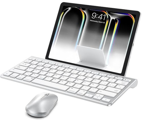 OMOTON Bluetooth Keyboard and Mouse Set Compatible with all iPad Series. With Foldable Bracket, Light and Easy to Carry, Suitable for Business Travel/Home/Office, Silver