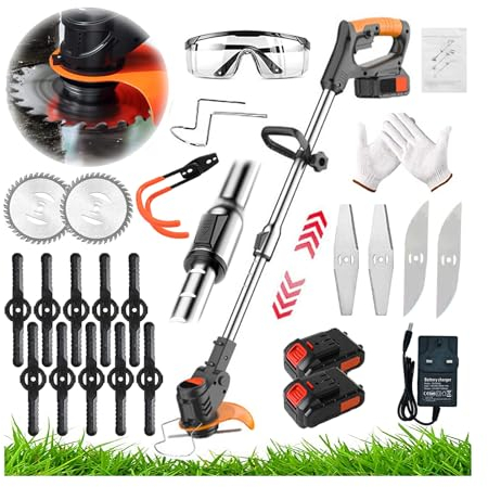 Metal Blade Strimmer Strimmer Cordless Strimmers Electric with Blade Grass Trimmer with Power Display 2*Lithium Battery & Quick Change Spare Blades for Lawn Garden Pruning