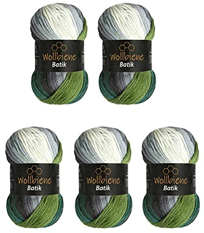 5 x 100 g ullbi batik 500 gram ull med färggradient flerfärgad stickad ull virkull (5700 svart grå grön)