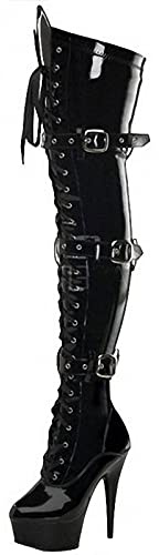 Botas Altas hasta el Muslo de PU de Charol para Mujer con Cremallera Lateral 15CM Stiletto tacón Alto Botas por Encima de la Rodilla Sexy Stripper Club Zapatos de Fiesta,Negro,39 EU