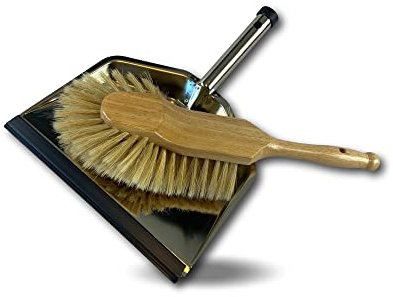 Kibros Ensemble pelle inox balayette demi-tête soie blanche bois | Pelle inox + balayette demi-tête bois soie blanche, récupération poussière cendres, usage intérieur parquet.
