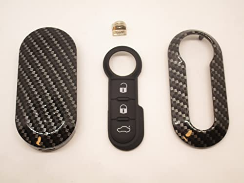 Cover Chiave Guscio + Tasti Gomma + Gancio Portachiavi Compatibile Con Fiat 500 Grande Punto Evo Bravo Panda 500L Lancia Y Ypsilon Musa Delta Scocca Carbon Look Telecomando (Carbon + Tasti + Gancio)