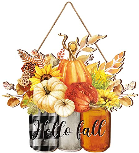 Thanksgiving Decorations for Home Hello Fall Door Sign Thanksgiving Wooden Hanging Sign Wall Decor Pumpkin Wooden Front Door Hanger for Autumn Harvest Porch Indoor Outdoor Home Decoration