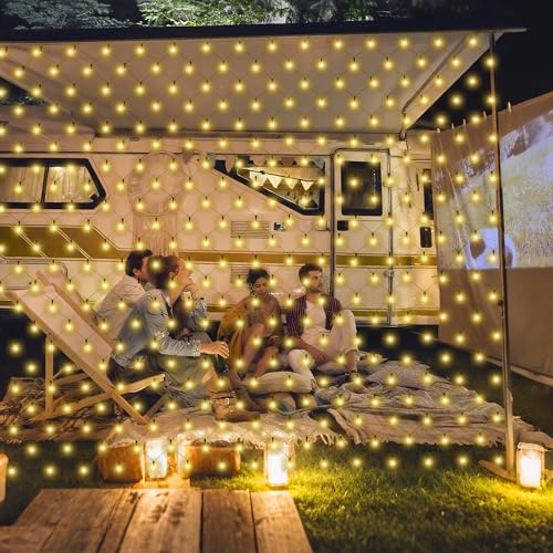 Aufun Red de luz LED solar 3x2M Temporizador 8 modos Control remoto Luces de hadas impermeables Cortina de luz de malla exterior para decoración de jardín Boda Navidad - Blanco cálido