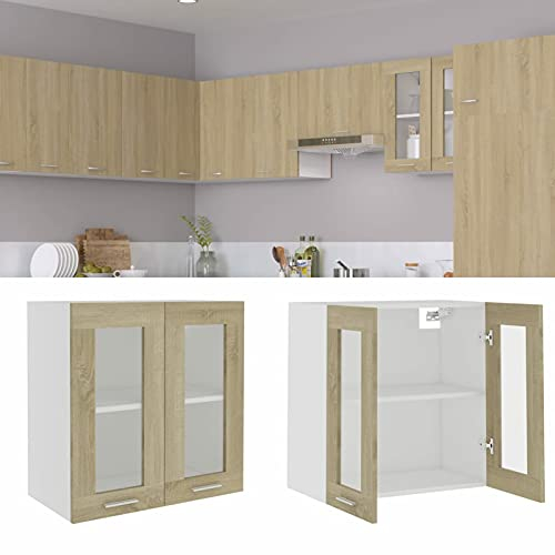 ZEYUAN Hängeglasschrank, Glasschrank, Hängeschrank, Wandvitrine, Glasvitrine Hängend, Wandschrank Küche, Teeschrank, Sonoma-Eiche 60x31x60 cm Spanplatte