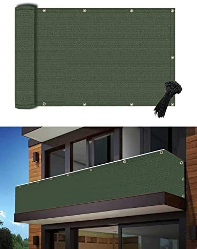 POYEE Frangivista Balcone 90x500cm, Telo Impermeabile Copri Privacy Balcone Esterno con Protezione UV, per Appartamenti e Giardini, con Fascette e Protezione Frangivento, Verde Scuro