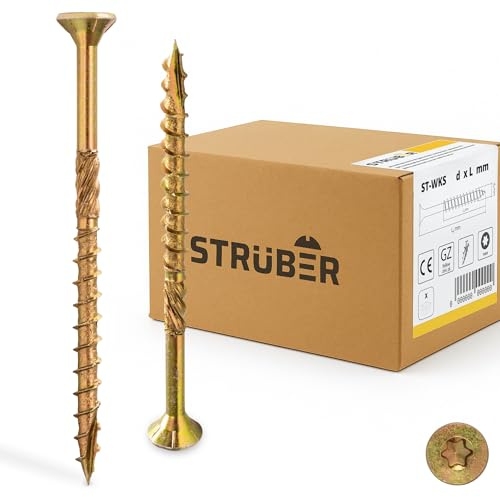 STRÜBER Holzschrauben Spanplattenschrauben Torx 4,0 x 40 mm, 200 Stück | Gelb verzinkt, Universalschrauben für Dachkonstruktionen, Senkkopf, TX-Antrieb, Cut-Spitze, Teilgewinde, inklusive TX-Bit