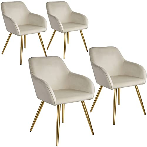 tectake®4er Set Esszimmerstuhl, Sessel bequem mit Armlehne, Polsterstuhl, Samtstoff Cocktailsessel, Loungesessel für Wohnzimmer, Esszimmer, Moderne Küchenstühle, Bürostuhl - créme/Gold