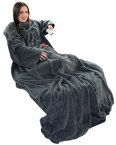 Brandsseller Flauschige TV-Decke mit Ärmeln ca.170 x 200 cm Kuscheldecke in Flanell/Sherpa Feeling - Doppeltasche und Fußtasche Grau