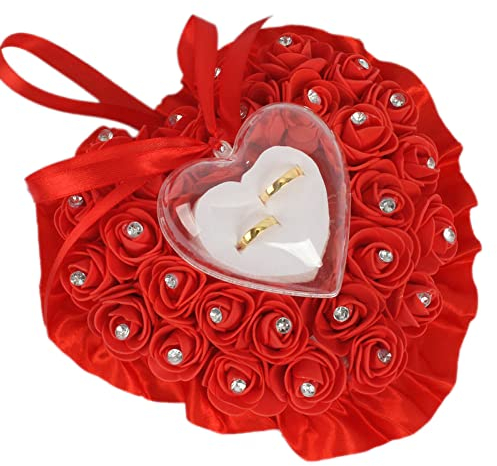 Wambere Cuscino per anelli di nozze, per bomboniere, per anelli di nozze, romantico, a forma di cuore, per anelli di nozze, per anelli di nozze, 18 x 19 cm, rosso