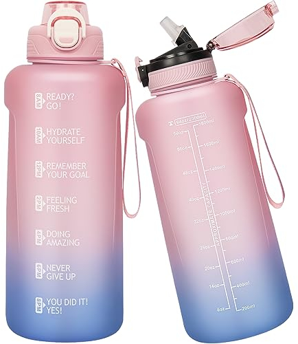 Seekua Sport Tritan Trinkflasche 0.6l / 1l / 2l mit Strohhalm & Zeitmarkierung, Große Wasserflasche mit Uhrzeit BPA-frei Motivierende Sportflasche für Fitness & Gym, 2 Deckel, 2 liter