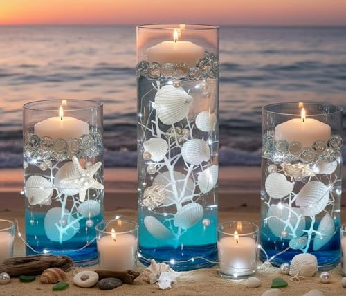 75 Floating White Seashells- Starfish- Coral Reef- Pearls- Aqua Beads- 3 White Submersible Fairy Lights Strings with Hidable Submersible Batteries- Fills 1 Gallon of the Transparent Water Gels