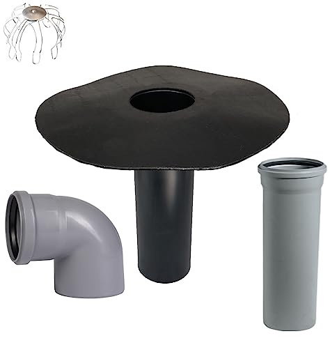Siphon de toit plat DN 100/110 avec panier collecteur de feuilles au choix avec arc et tuyau HT, bride de bitume, gully de toit, entrée, drainage de toit (coude 87° + tuyau HT de 250 mm)