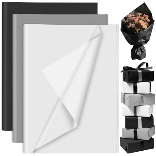 PLULON 60 Blatt Schwarz Weiß Grau Seidenpapier Bulk, Geschenkpapier Seidenpapierbögen zum Verpacken von Geburtstagsgeschenken, Geschenkpapier, Geburtstag, Hochzeit, Feiertagspapier, Blume