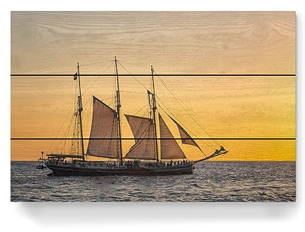 artboxONE Holzbild 45x30 cm Natur Segelschiff, Sonnenuntergang, Meer von Künstler Rico Ködder