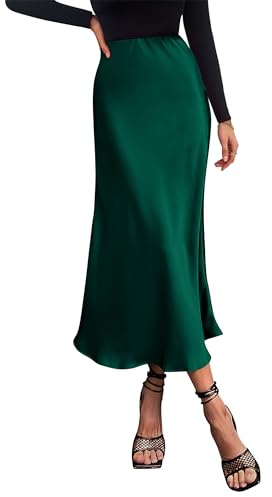PRETTYGARDEN Women's Satin Skirts Dressy Casual 2025 Fall High Waisted Cocktail Wedding Flowy Elegant A Line Midi Skirt (Dark Green,Large)