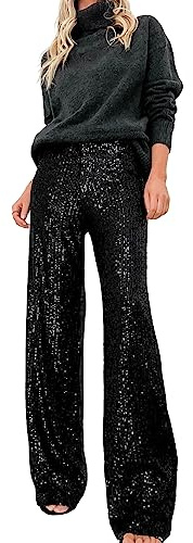 Caziffer Damen High Waist Pailletten Hose Glitzer Bling Diskothek Hose Breite Gerades Bein Clubwear Streetwear
