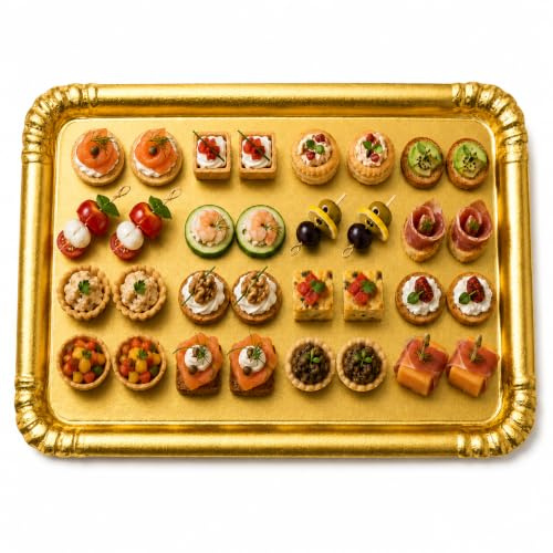Plateau Traiteur Jetable Réception | Lot de 100 Pateaux Carton Rigide | 2 Dimensions | Argent - Or - Noir | Service - Présentation Buffet Petits Fours Verrines | Sucré - Salé | (or, 19X28 cm)