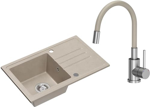 VBChome Handfat beige granit med armatur 70 x 44 cm enkelhandfat inbyggd diskbänk spräcklig reversibel granithandfat sifon handfat beige kran med flexibel pip