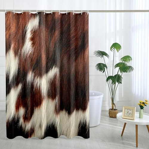 Rustic Cow Shower Curtain with 12 Hooks Funky Feather Animal Farmhouse Elegant Brown Polyester Room Ornaments Waterproof Decorative Bathroom Hotel Bathtub Outdoor Short Shower Curtain 62x72 Inch