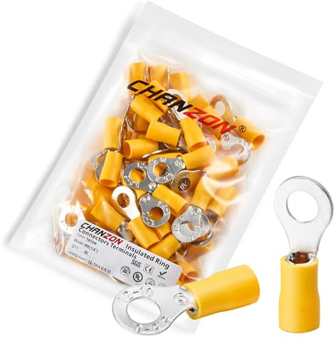 Chanzon Yellow Ring Terminals - M6 1/4 inch - UL Listed Insulated PVC Eyelet Wire Connector 12-10AWG Gauge Electrical Crimp Connector for Boat Truck Stereo Car(50pcs)
