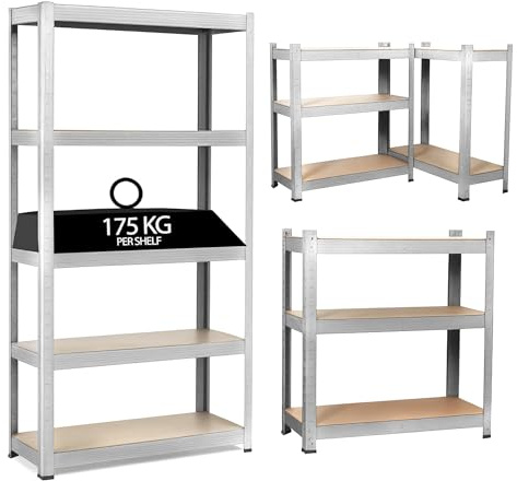 JupiterJX Garage Shelves Storage Shelving Unit, 5 Tier Heavy Duty 875KG Capacity Boltless Industrial Metal Racking Unit For Home/Office/Workshop/Warehouses (180 x 120 x 60cm, Galvanised)